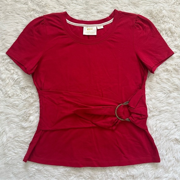 Anthropologie Maeve Shirt Dakota Buckle Wrap Top Short Sleeve Red Petite MP - Picture 2 of 11